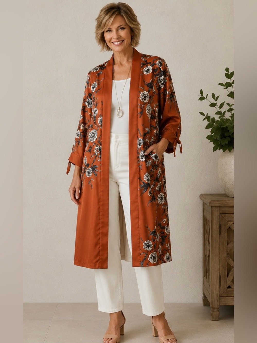 Chico's Rust Floral Satin Kimono reversible size 2